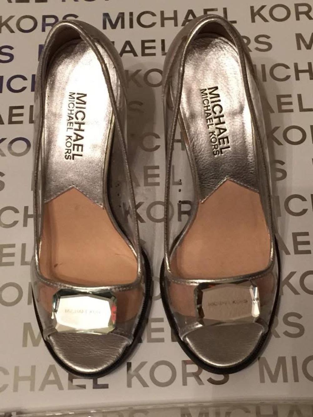 MICHAEL Michael Kors Metallic Silver Peep-Toe Flats with Logo Accent